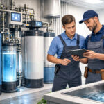 Tecnici specializzati controllano un moderno impianto di trattamento acqua con sistemi di filtrazione avanzati in un ambiente professionale.