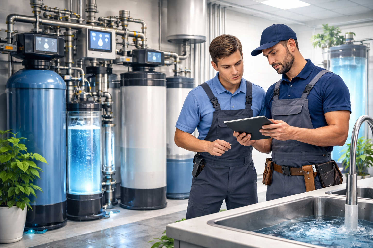 Tecnici specializzati controllano un moderno impianto di trattamento acqua con sistemi di filtrazione avanzati in un ambiente professionale.